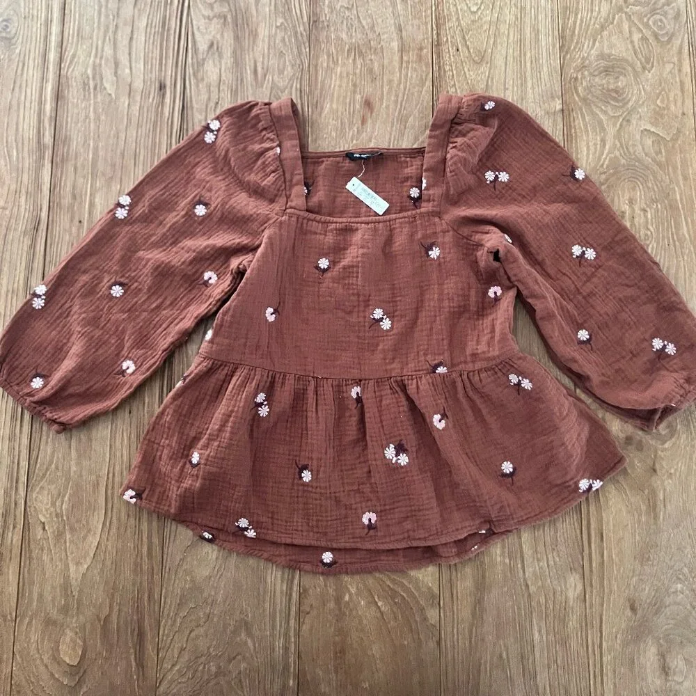 NWT Madewell Embroidered Lightspun Millbrook Puff-Sleeve Peplum Top, Sz XS